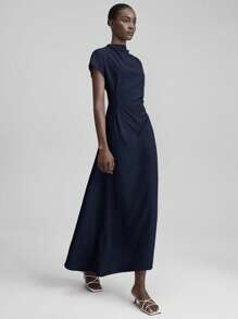 Ontre 2025年夏秋季优雅纯色蝙蝠袖连衣裙，休闲毕业礼服，飘逸派对礼服，优雅度假礼服，舒适伴娘礼服，女士沙滩裙 - 藏蓝色 - 查看 1