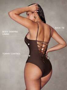 Shapewave Tummy Control Swimsuit For Women, Underwire Patchwork Criss-Cross Strap Backless One-Piece For Summer Beach Vacation - Brown - View 3