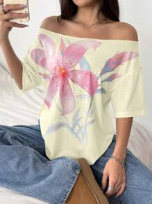 SHEIN Unity Áo thun nữ hở vai tay ngắn họa tiết hoa - Màu vàng - Xem 6