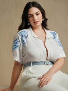 Anewsta Plus Size Women Elegant Commuter Linen Woven Hollow Embroidered Striped Turndown Collar Short Sleeve Blouse - White - View 3