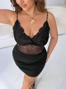 SHEIN EZwear 夏季假日加大码豹纹蕾丝印花性感休闲紧身衣 - 彩色 - 查看 3
