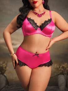 2 件加大码文胸套装，带钢圈、蕾丝睫毛、褶饰、缎面、复古色块、蝴蝶结设计