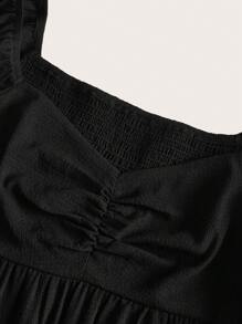 SHEIN BASICS Plus Size Solid Color Woven Sweetheart Collar Short Sleeve Casual Dress - Black - View 3