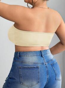 SHEIN CURVE+ 前拉链加大码迷你衬垫文胸背心，加大码曲线，波西米亚风度假上衣，内置文胸加大码无肩带文胸无肩带文胸上衣曲线上衣内置文胸上衣 - 杏色 - 查看 2