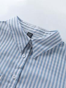 SHEIN LUNE 加大码蓝白条纹及膝秋季连衣裙，带开领衬衫，淡蓝色连衣裙，女士有袖连衣裙，蓝色返校节连衣裙，舒适棉质商务休闲女式工作服商务连衣裙 - 淺藍色 - 查看 3