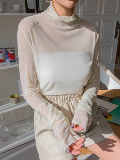 DAZY 围脖领口网眼上衣，无抹胸，外出上衣，透明长袖女式上衣，秋季女装