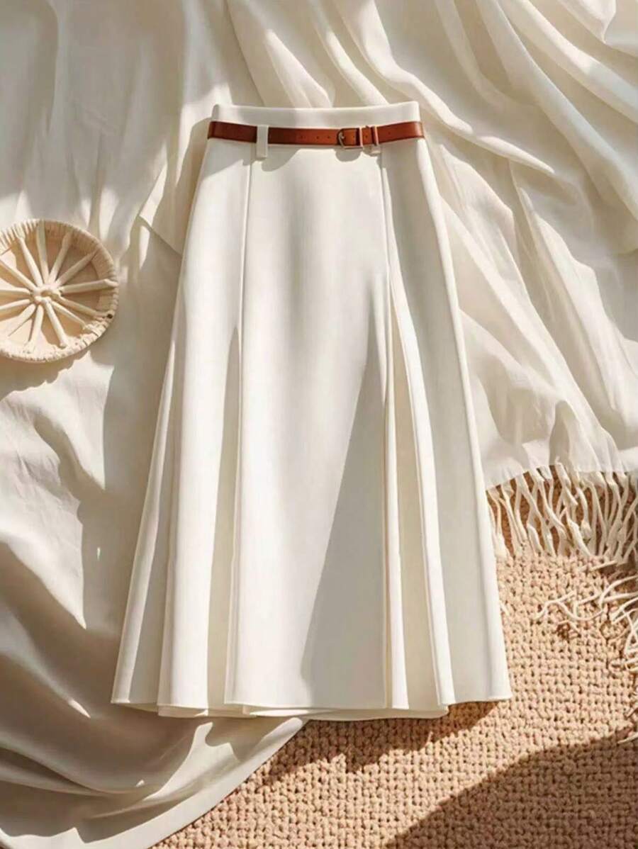 GlowEve 女士纯色百褶休闲办公半身裙 - 杏色 - 查看 1