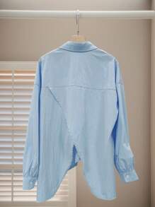 SHEIN EZwear Áo sơ mi tay dài rộng thùng thình màu trơn đơn giản không đối xứng cho nữ cỡ lớn - Màu xanh lam - Xem 2