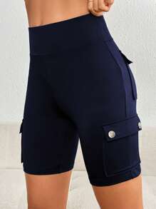 Flirla Quần legging bó màu trơn có túi cạp cao cho nữ mùa hè - Màu xanh hải quân - Xem 6