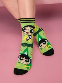 THE POWERPUFF GIRLS X SHEIN 3 Pairs Soft & Breathable Moisture-Wicking Casual Women Mid-Calf Socks With Cartoon Striped Pattern Fashionable And Cute Colorful Crew Socks Reinforced Toe & Heel For Durability All Season All-Match,Y 2 K,Back To School - Multicolor - View 8
