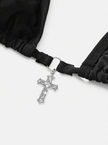ROMWE Gothic Goth Style Bow Cross Rhinestone Halter Bra And Thong Lingerie Set With Bandage - Black - View 3
