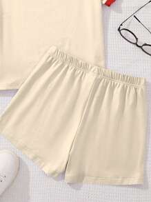 SHEIN 2pcs/Set Cherry Print Casual T-Shirt & Shorts For Tween Girls, Vintage Style, Suitable For Summer