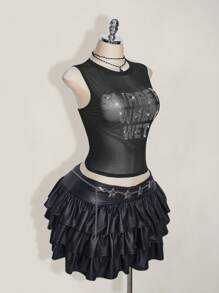 SHEIN ICON 加大码 Y2k 夏季黑色网眼透视性感水钻闪光女式水钻字母网眼露背紧身吊带背心 - 黑色 - 查看 6