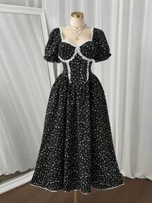Sweetra Robe de vacances sexy et élégante avec bordure en dentelle de grande taille - Noir - Voir 1
