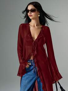 Poéselle Y2K系带网纱长袖喇叭袖口网纱哥特式上衣