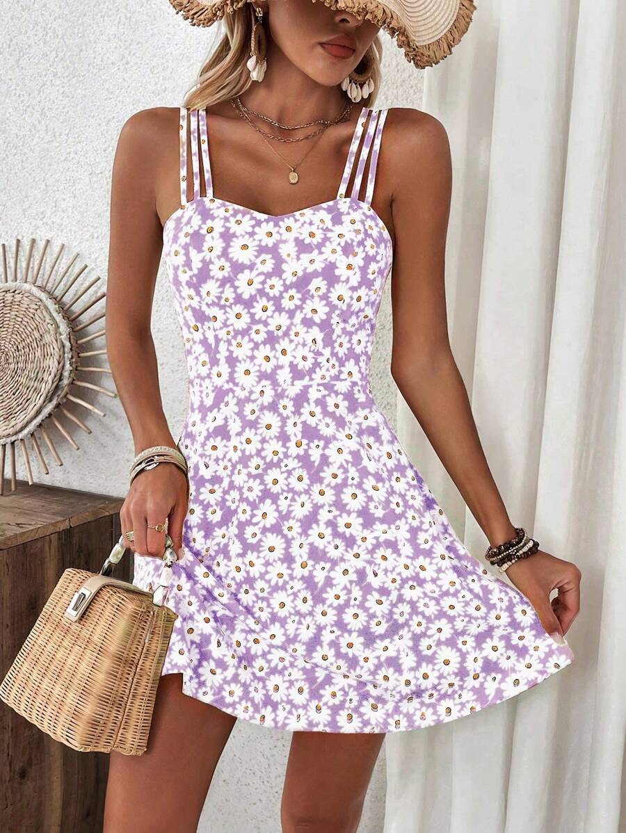 Breezaya 女士黄色花卉印花吊带连衣裙度假海滩装 - 淡紫色 - 查看 1