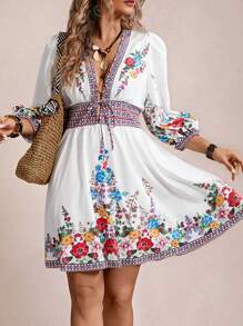 SHEIN VCAY 加大码花卉复古印花灯笼袖连衣裙，假日风格波西米亚风连衣裙，度假太阳裙，复古 - 白色 - 查看 1