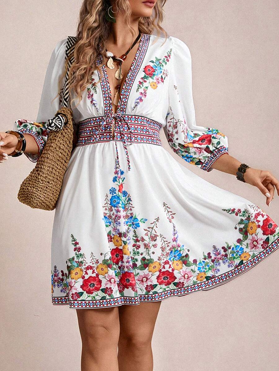 SHEIN VCAY 加大码花卉复古印花灯笼袖连衣裙，假日风格波西米亚风连衣裙，度假太阳裙，复古 - 白色 - 查看 1