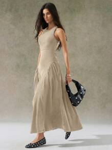 LYSMO 2025 New Arrival Women Summer Khaki Distressed Wash Racerback Long Dress