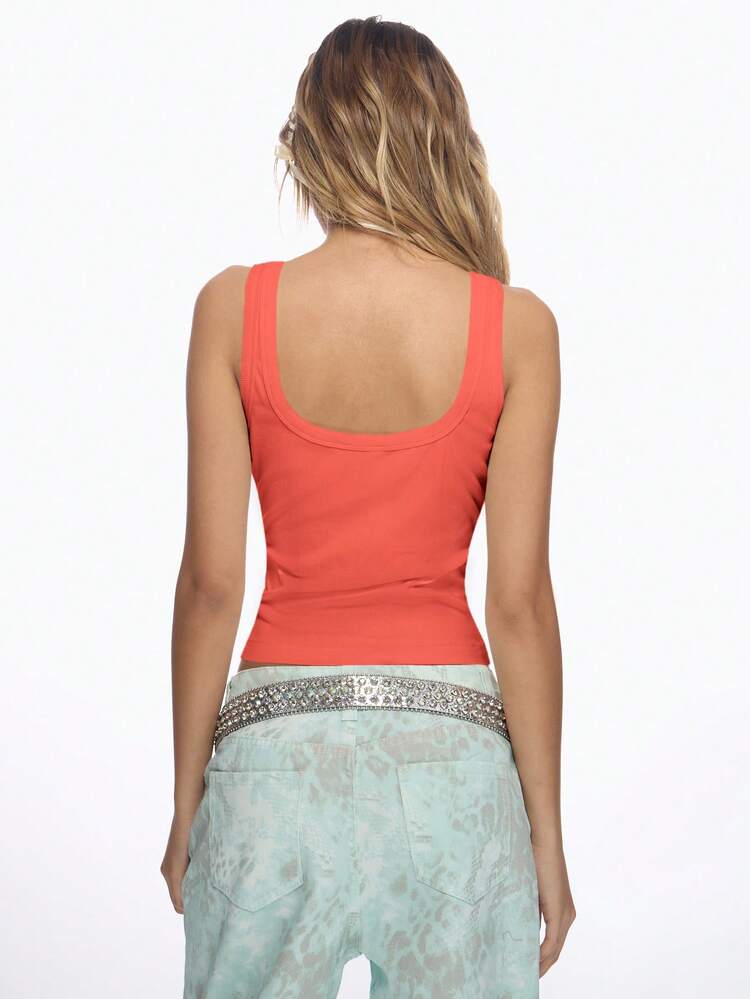 MISSGUIDED Crystal Embellished Summer Tank Top Sleeveless Ribbed Scoop Neck Tank Top For Festival Vacation Beach