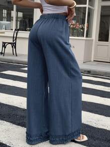 Livesso Women's Summer Frill Trim Drawstring Waist Loose Casual Pants - Blue - View 2