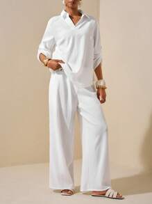 Zivah 2025 New Summer Casual Elegant Vacation Daily Dating Commuting Work Wear Simple Basic Style Lapel Long-Sleeved Drop Shoulder Loose Shirt + Wide-Leg Ultra-Long Pants White Women's Two Pieces Suit White Two Pieces Set Women Women White Summer Set Loungewear Women