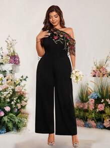 Cravure Plus Size Women's Patchwork Mesh Embroidered Shawl Elegant Jumpsuit - Multicolor - View 1