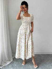 Elenzga 女式优雅碎花印花方领束腰 A 字拼接连衣裙 - 杏色 - 查看 3