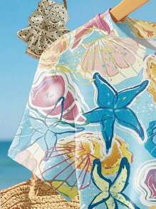 Áo thun nữ tay ngắn in kỹ thuật số Vogue Ocean mùa hè, họa tiết vỏ sò nhiệt đới xanh Bali và sao biển - Màu xanh bạc hà - Xem 3