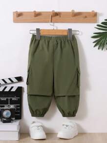SHEIN Leap Crew 男嬰工作服風格素色錐形腿長褲帶3D口袋 - 軍綠色 - 查看 7