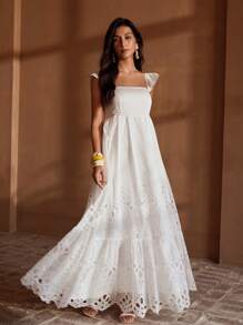 MOTF PREMIUM EYELET EMBROIDERY RUFFLE HEM DRESS - Beige - View 4