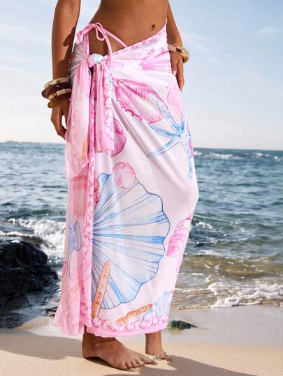 Opulessa 女士海滩贝壳印花罩衫纱笼裙，适合度假、夏季、假日、高腰、高腰海滩纱笼、乡村音乐会，适合外出、音乐会、俱乐部、约会、度假、海滩、优雅女士裙子、约会、音乐会、派对、俱乐部、情人节、毕业典礼，适合秋冬季