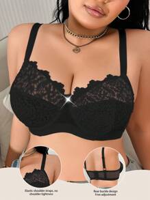 SHEIN Bra Berkawat dengan Bordir Patchwork Ukuran Plus, Mengangkat - Hitam - View 4