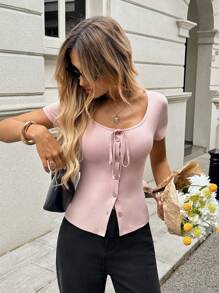 SHEIN LUNE 女式短袖修身圆领系带 T 恤，女士休闲夏装 Y2k 商务休闲女式紧身胸衣上衣，女士短款上衣，女士外出上衣，女士校服，女士教师装，乡村粉色女士，老钱乡村女士，波西米亚风格服装，工作上衣，系带上衣，机场返校女士教师外出上衣，女士机场装，乡村老钱乡村女士外出上衣，旅行机场系带上衣，系带上衣，蝴蝶结上衣，女士罗纹上衣，纽扣上衣