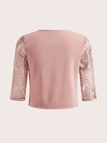 SHEIN Clasi 女士优雅圆领七分袖粉色蕾丝拼接外套 秋季女装 - 粉色 - 查看 7