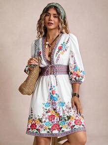 SHEIN VCAY 加大码花卉复古印花灯笼袖连衣裙，假日风格波西米亚风连衣裙，度假太阳裙，复古 - 白色 - 查看 5