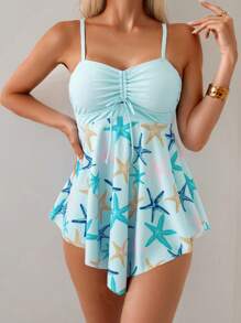 SHEIN Swim 2 pezzi Completo da donna estivo con canotta corta e bikini, stampa a stelle marine, decorazione fiocco, per vacanze e spiaggia