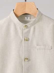 儿童男孩休闲立领纽扣衬衫，卡其色衬衫，基本款上衣，返校季，适合花园、海滩、生日