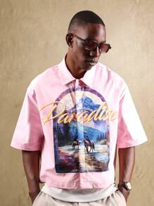 SUMWON قميص كاجوال قصير الأكمام بطبعة مشهد بحيرة الجبل والطبيعة في منتجع العطلات الغربي، مجموعة صيفية من القمصان - وردي - مشاهدة 3