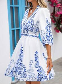 Vivid Eden Women's Summer Notched Neck Allover Bohemia Print Casual Vacation Mini Dress,Beach Vacation Dress,Beach Outfits For Woman,Summer Outfits For Women ,Summer Clothes,Boho Women Clothing, Summer Dress With Sleeves, Women Vacation Dress - White - View 6