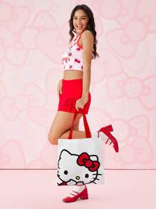 HELLO KITTY AND FRIENDS | SHEIN 1pc Of Cute Red Cartoon Pattern Canvas Tote Bag, Suitable For Students, Women, Suitable For Commuting, School, Outings, Travel, Shopping, Light, Easy To Carry, Can Hold A Computer, Kitty - White - View 4