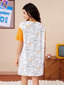 GARFIELD | SHEIN 女士可爱卡通印花撞色短袖宽松睡衣连衣裙，夏季，哞哞睡裙 - 黃色 - 查看 2