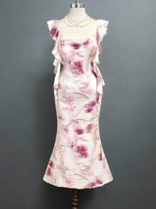 SHEIN MOD 加大码海藻袖模糊花卉印花超长连衣裙 - 彩色 - 查看 5