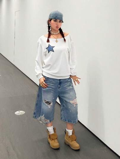 SHEIN 少女休闲舒适不对称领星形印花长袖卫衣