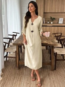 Louniche Ladies' Retro Autumn Decorative Wooden Button Dress - Light Yellow - View 4