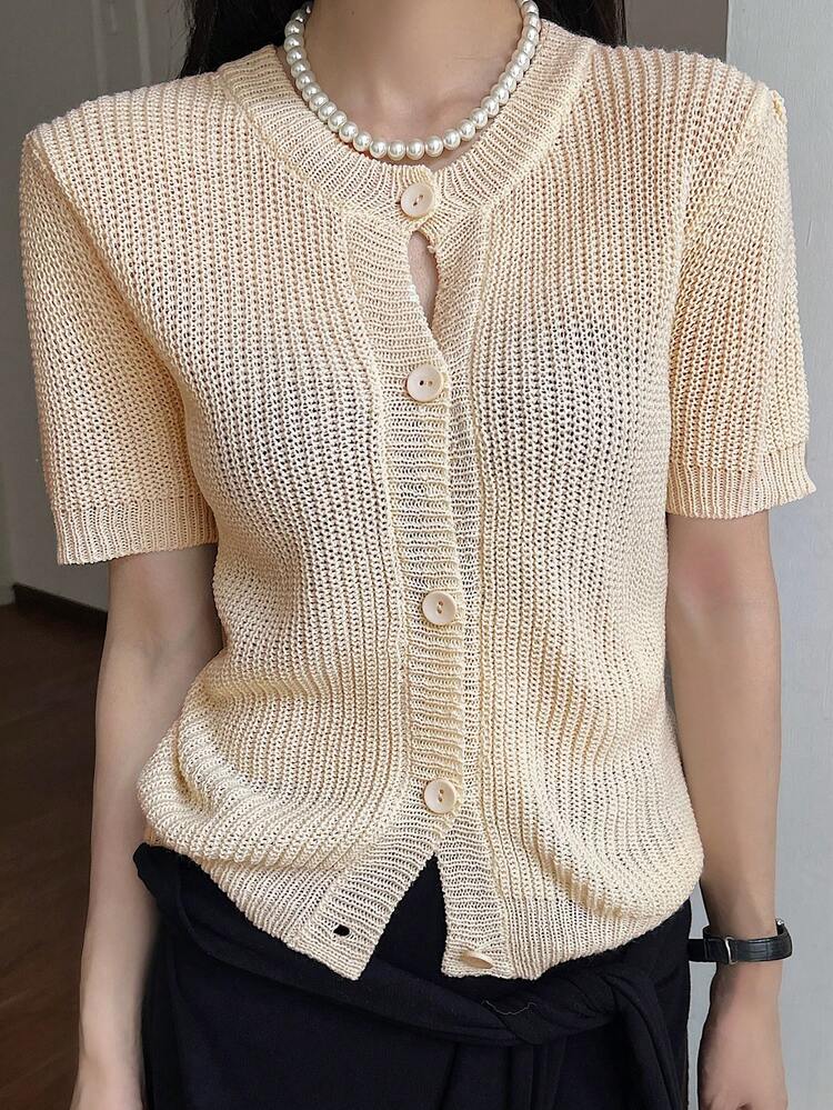 Women's Summer Solid Color Short Sleeve Cropped Knit Top, Round Neck Vacation