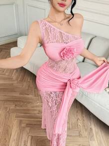 Modelyn Women's 3D Floral Decor See-Through Asymmetrical Neckline Sleeveless Dress,Soft Pink,Summer,Girly,Party Prom Wedding Guest Birthday Curve Dress - Pink - View 1