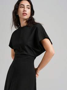 Ontre Women's Four Seasons Black Waist Urban Simple Dress, Elegant Bat Sleeve Long Dress, Teacher Dress - Black - View 3