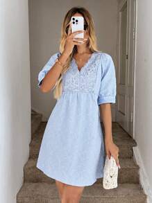 Easowa Summer Romantic Delicate Jacquard Blue V-Neck Bubble Dress, Suitable For Dating And Going Out  Summer Dress Vacation Dress Graduation Dresses For Women Lace Dress Tea Party Dress Fairy Dress - Blue - View 3
