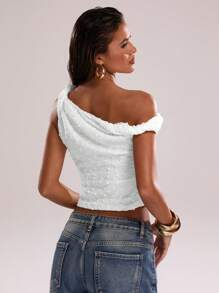 SHEIN BAE Women's Summer Sexy Bohemian Beach Vacation Concert Crochet Asymmetrical Shoulder Knotted Going-Out Tops, Summer,Club Women Sexy,Rave Top - White - View 2